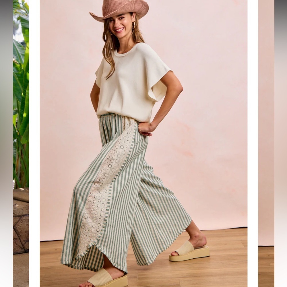 BiBi Green Stripe Wide Leg Pants with Crochet Panel
